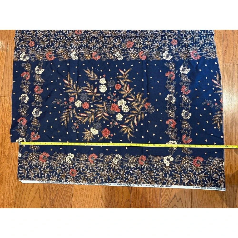 Vintage 70s Cotton Fabric Navy Floral‎ Border Print Kroda Wimpa 5th Ave 35x53